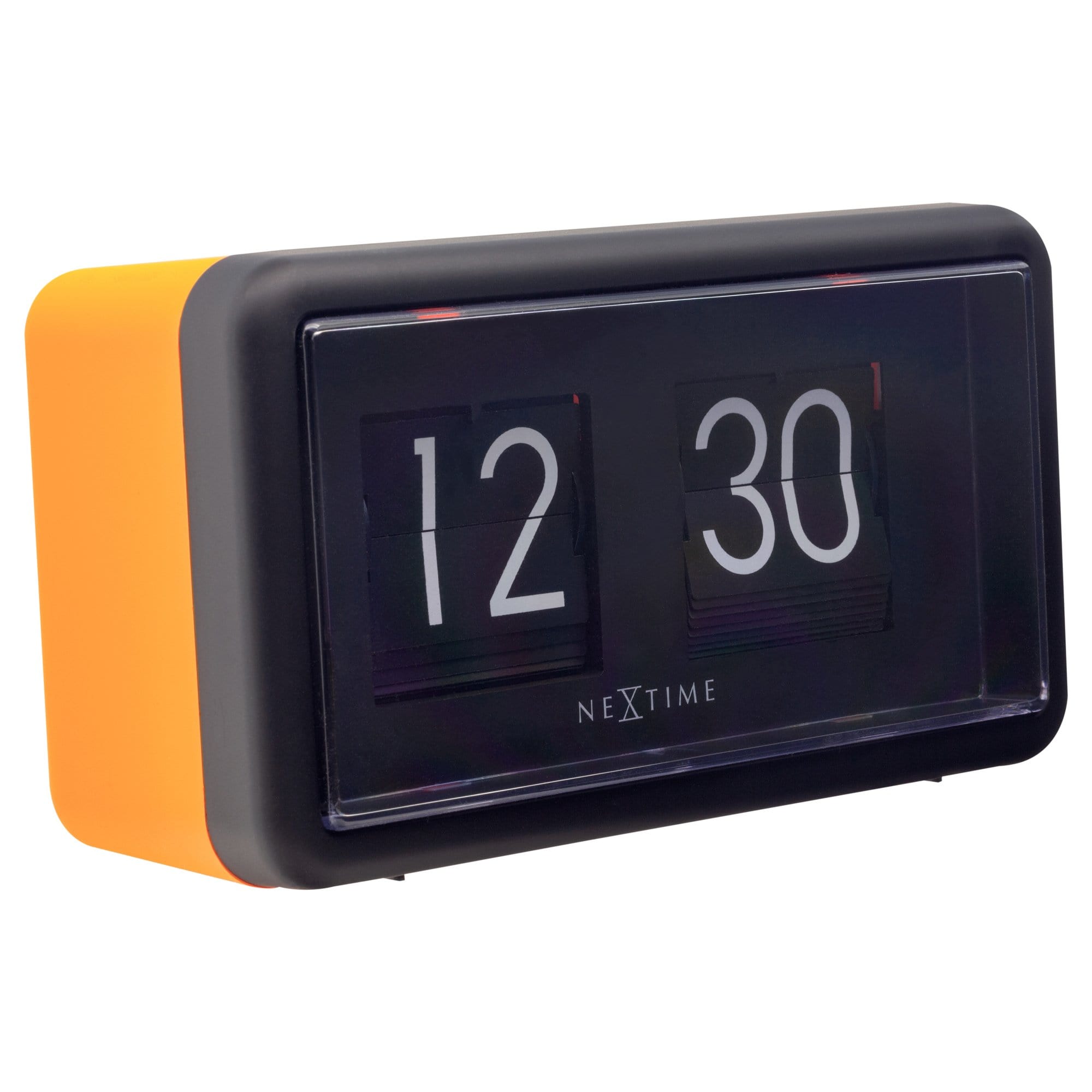 NeXtime Flip Clock, table or wall clock, 18x10x7cm, showing flip number display on a sleek design with a white and orange color scheme.